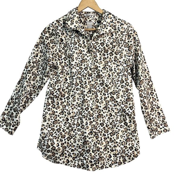 Chicos No-Iron Sateen Leopard-Print Cheetah Button Down Sz M 8 US Long Sleeve - Picture 1 of 7